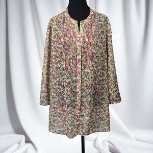 Charter Club Floral Print Tunic Top Pleated Long Sleeve‎ Woman XL Sheer, Cottage